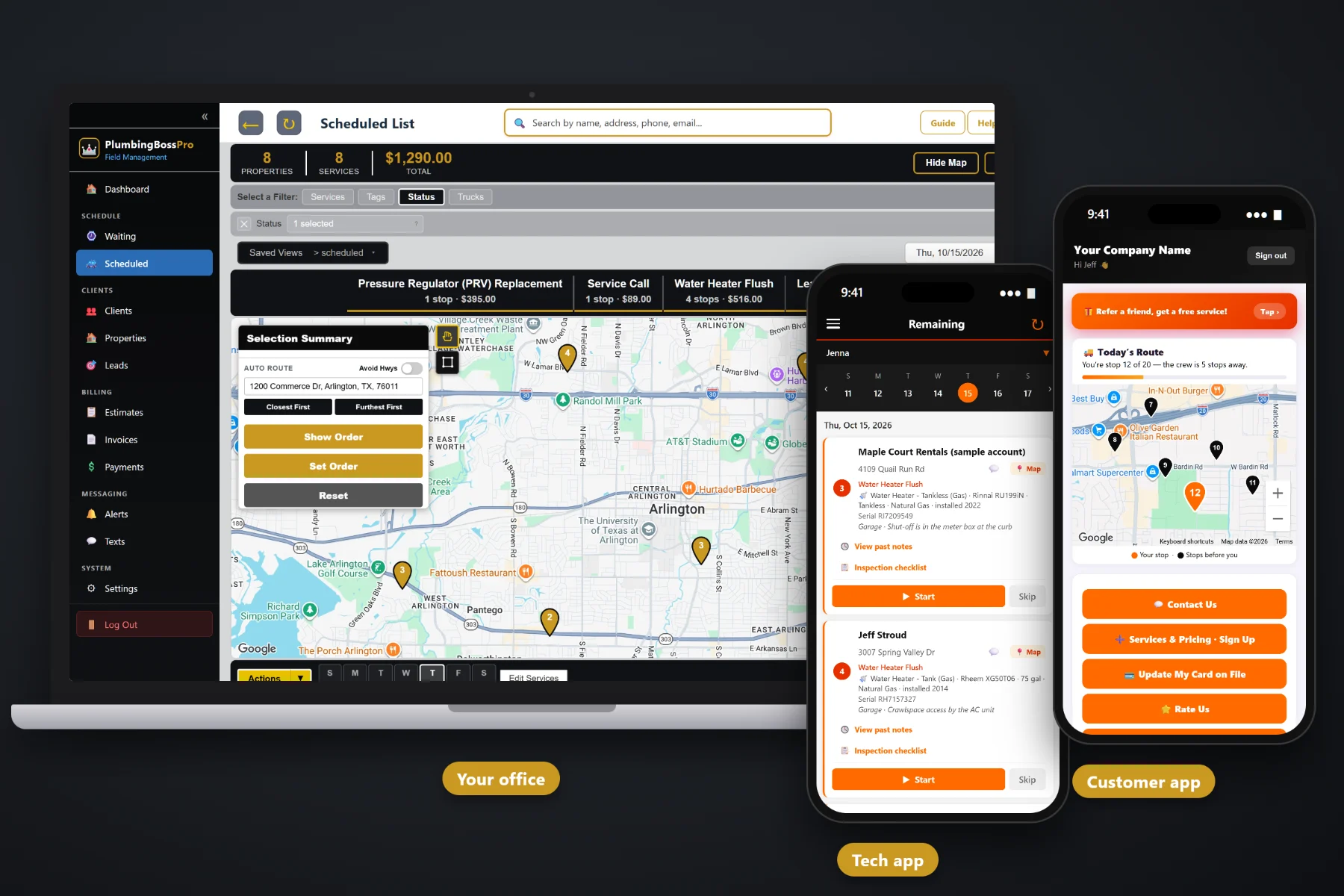 PlumbingBossPro on a laptop showing the service waiting list and dispatch map, with the tech app and the customer app on two phones